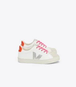 Kids VEJA ESPLAR LACES LEATHER WHITE SILVER ORANGE FLUO