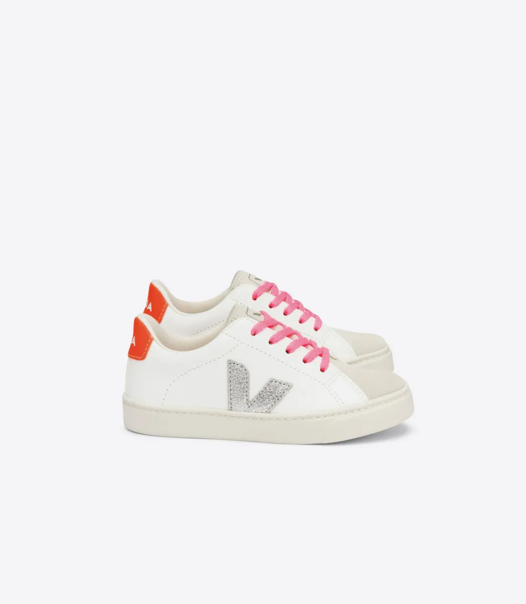 Kids VEJA ESPLAR LACES LEATHER WHITE SILVER ORANGE FLUO