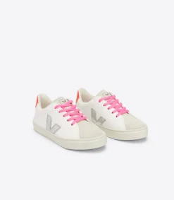 Kids VEJA ESPLAR LACES LEATHER WHITE SILVER ORANGE FLUO
