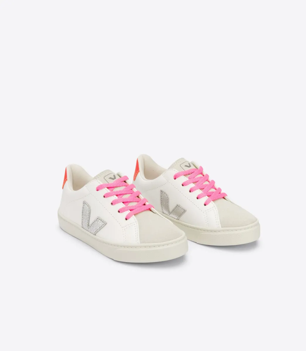 Kids VEJA ESPLAR LACES LEATHER WHITE SILVER ORANGE FLUO