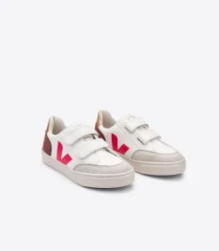 Kids VEJA V-12 LEATHER WHITE MULTICO DRIED PETAL